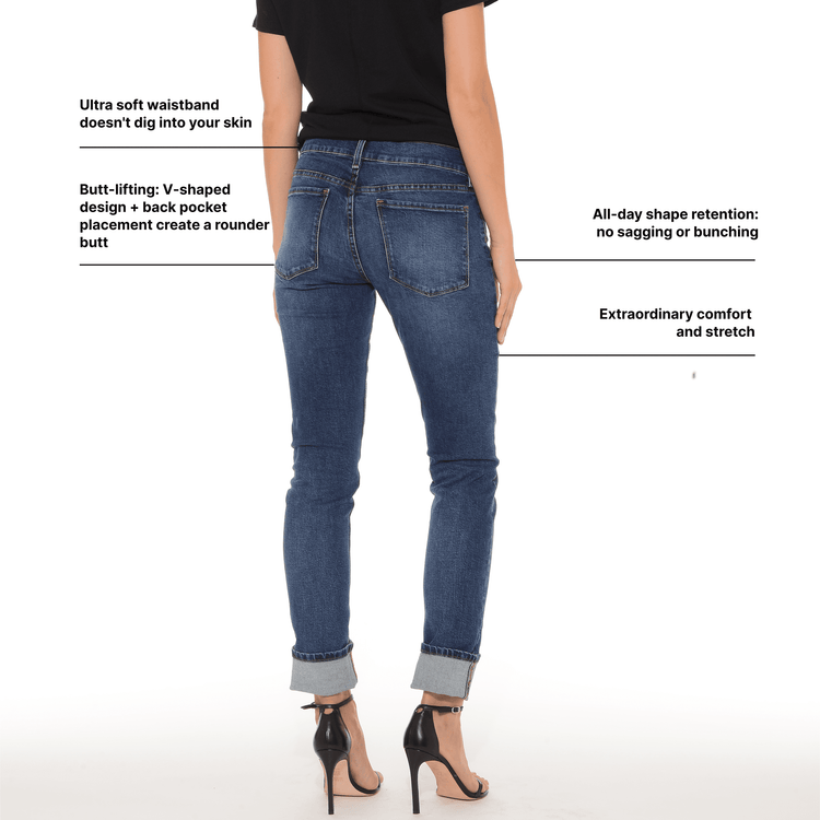 Women wearing Medium/Dark Blue Mid Rise Slim Straight Ridge Jeans