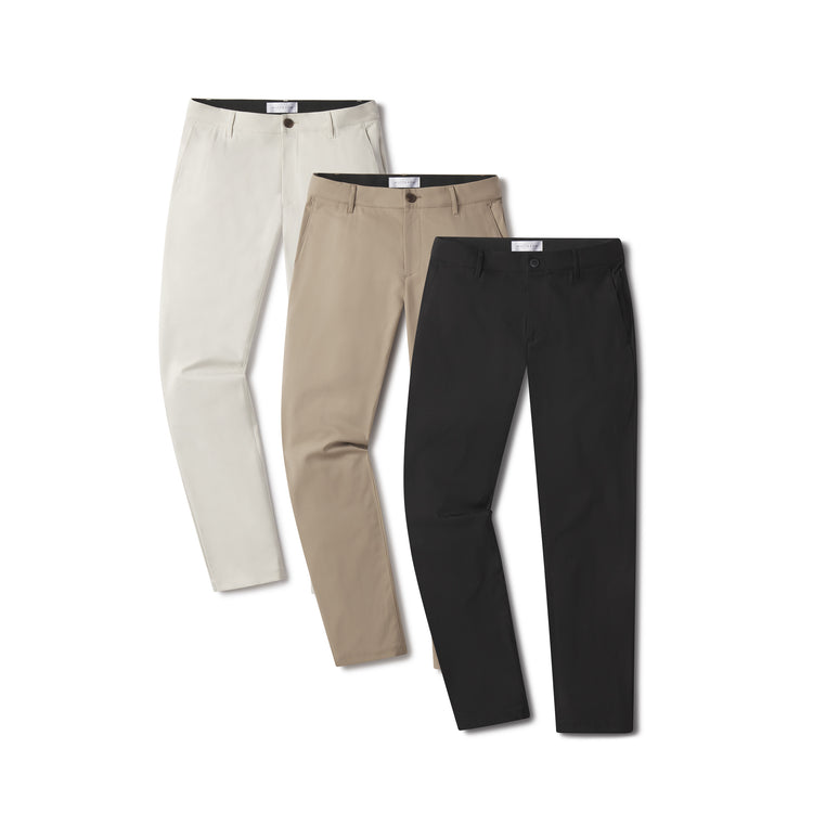 Men wearing Stone/Khaki/Black 5 Pocket Travel Pants 3-Pack