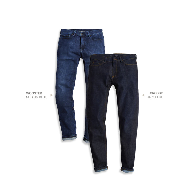 wearing Dark Blue/Medium Blue Slim Crosby and Slim Wooster 2-Pack Jeans