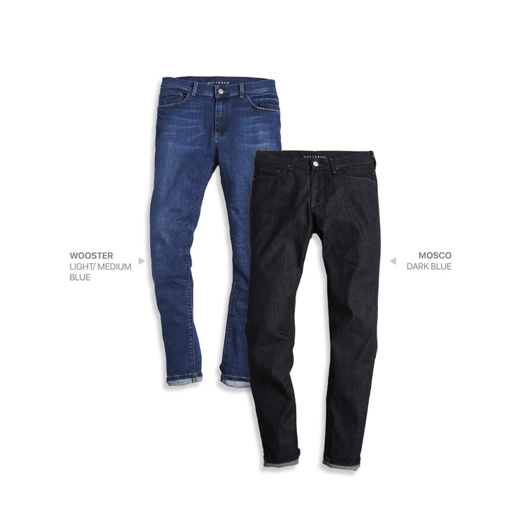 wearing Dark Blue / Light/Medium Blue Straight Wooster and Straight Mosco 2-Pack Jeans