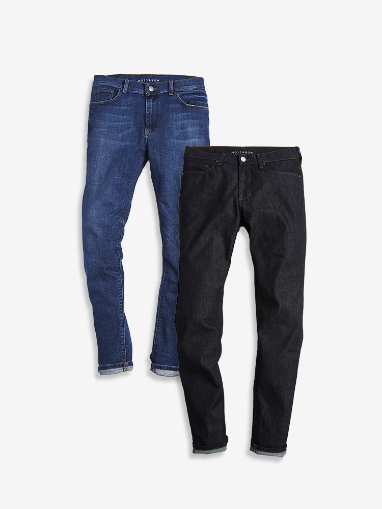 wearing Dark Blue / Light/Medium Blue Straight Wooster and Straight Mosco 2-Pack Jeans