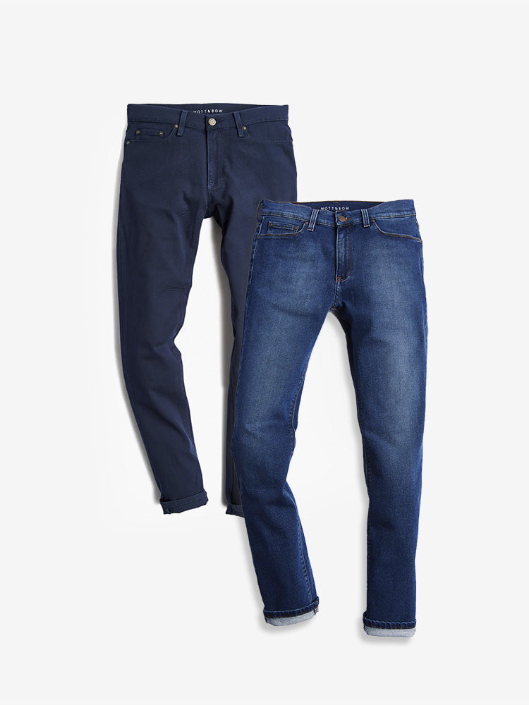wearing Light/Medium Blue / Blue Straight Mercer and Straight Oliver 2-Pack Jeans