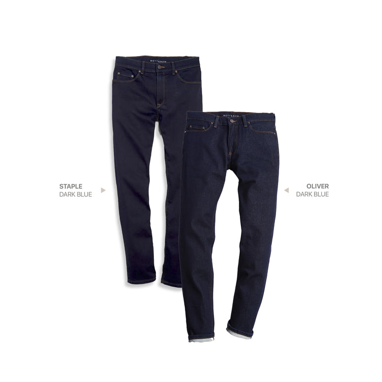wearing Dark Blue / Dark Blue Straight Staple and Straight Oliver 2-Pack Jeans