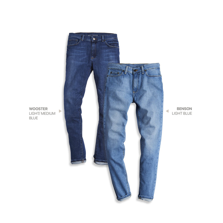 wearing Dark Blue / Medium/Dark Blue Slim Wooster Light/Medium Blue and Benson Light Blue 2-Pack Jeans