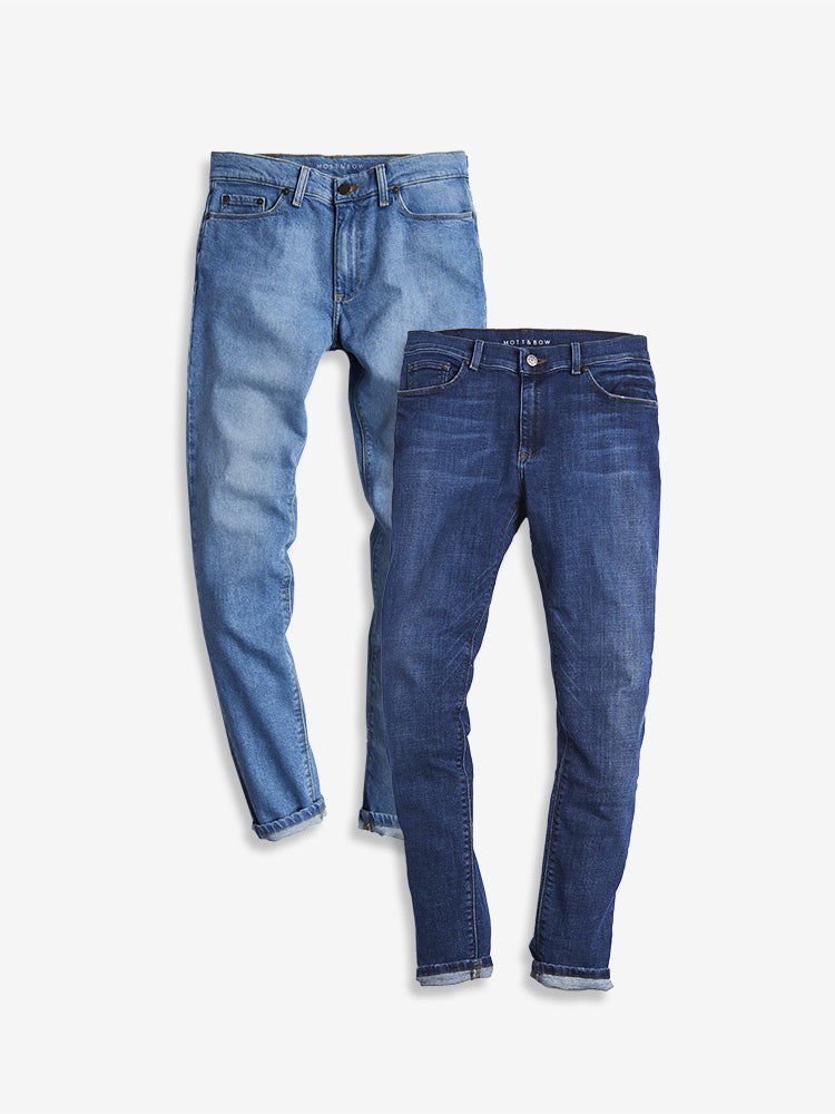 wearing Dark Blue / Medium/Dark Blue Slim Wooster Light/Medium Blue and Benson Light Blue 2-Pack Jeans