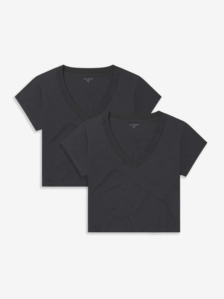 Women wearing 2 Vintage Gray Everyday Cotton Deep V-Neck Tee 2-Pack