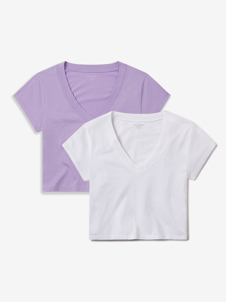 Women wearing White/Lilac Cotton Boxy Deep V-Neck Tee 2-Pack