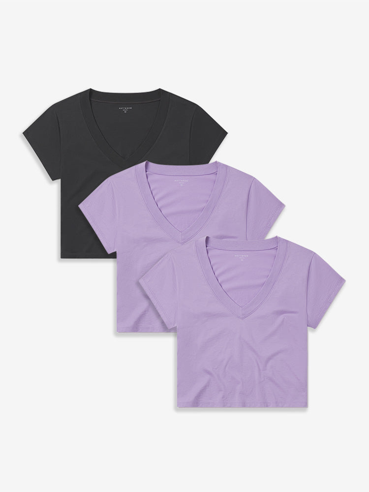 Women wearing 2 Lilac/Vintage Gray Everyday Cotton Deep V-Neck Tee 3-Pack
