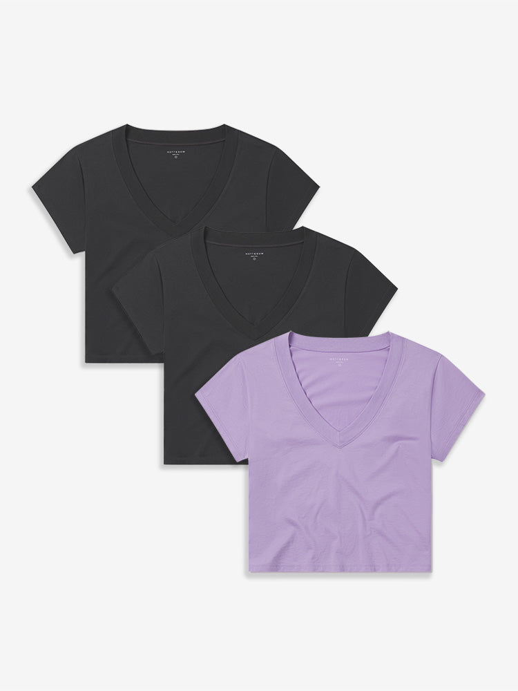 Women wearing 2 Vintage Gray/Lilac Everyday Cotton Deep V-Neck Tee 3-Pack