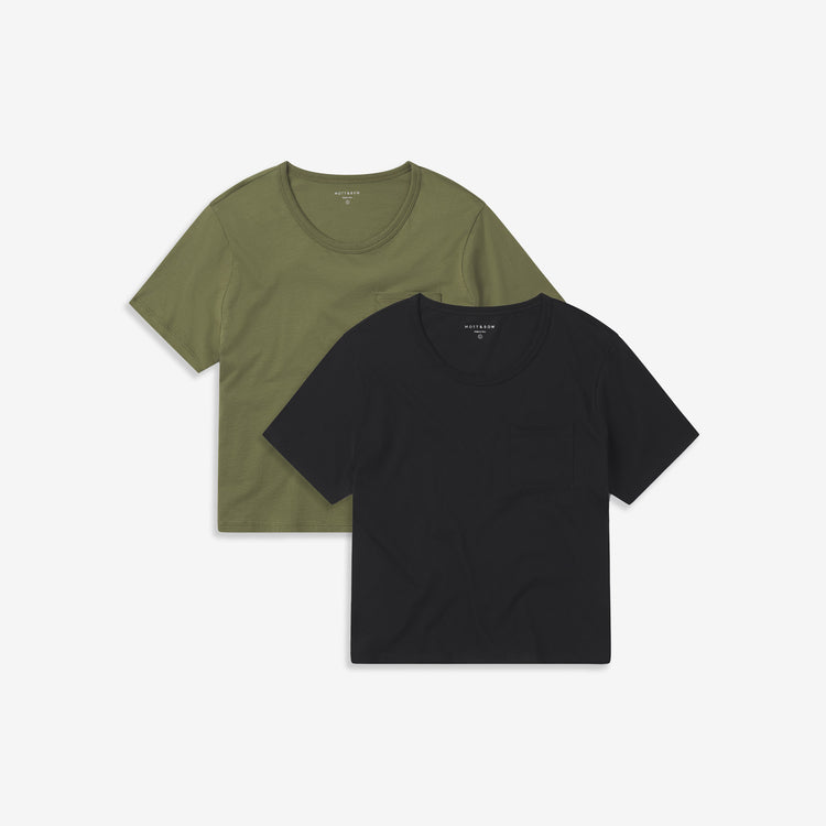 Women wearing Black/Rosemary Cotton Boxy Pocket Crew Neck Tee 2-Pack