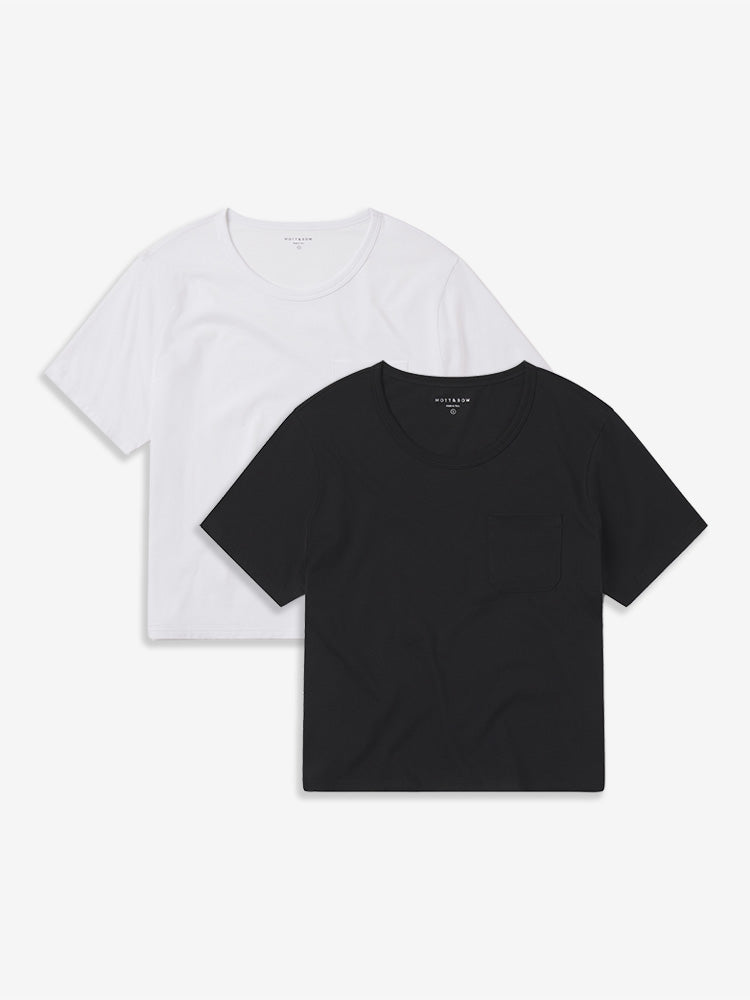 Women wearing White/Black Everyday Cotton One Pocket Crew Tee 2-Pack