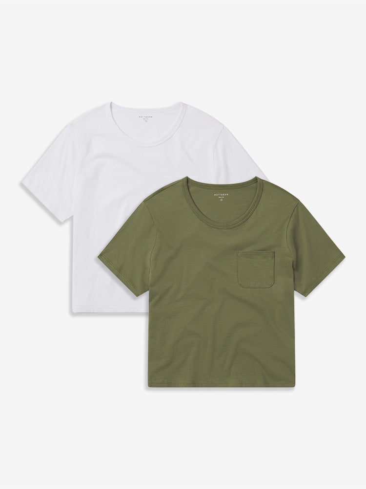Women wearing White/Rosemary Cotton Boxy Pocket Crew Neck Tee 2-Pack
