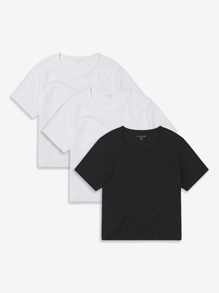 Women wearing 2 White/Black Everyday Cotton One Pocket Crew Tee 3-Pack