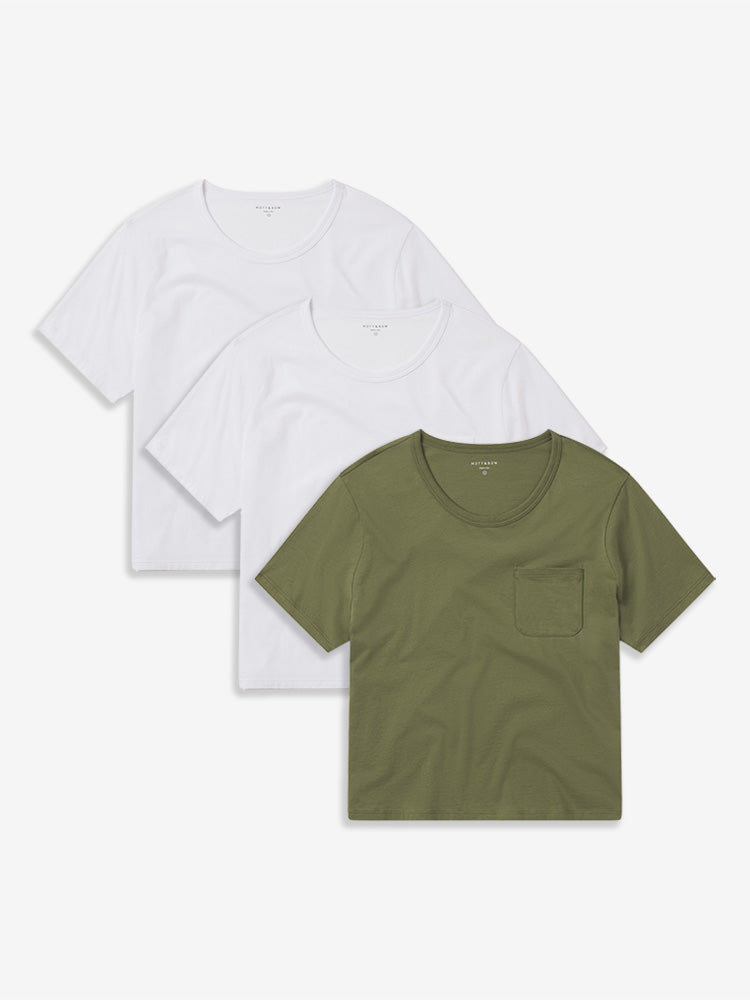 Women wearing 2 White/Rosemary Cotton Boxy Pocket Crew Neck Tee 3-Pack