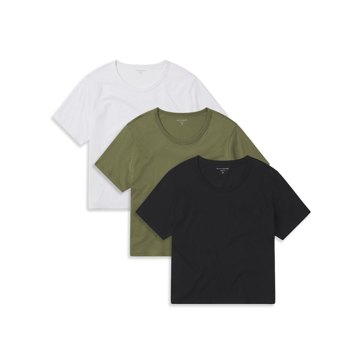 Women wearing White/Black/Rosemary Everyday Cotton One Pocket Crew Tee 3-Pack