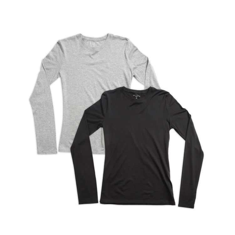 Women wearing Heather Gray/Black Long Sleeve Crew Tee Marcy 2-Pack