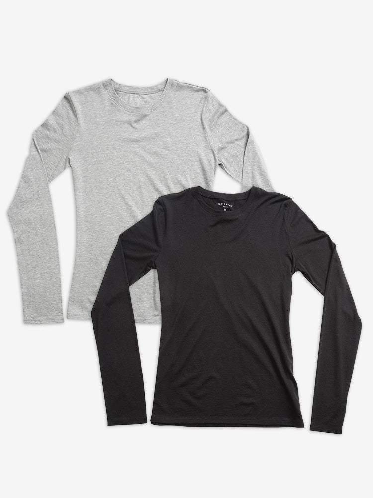 Women wearing Heather Gray/Black Long Sleeve Crew Tee Marcy 2-Pack