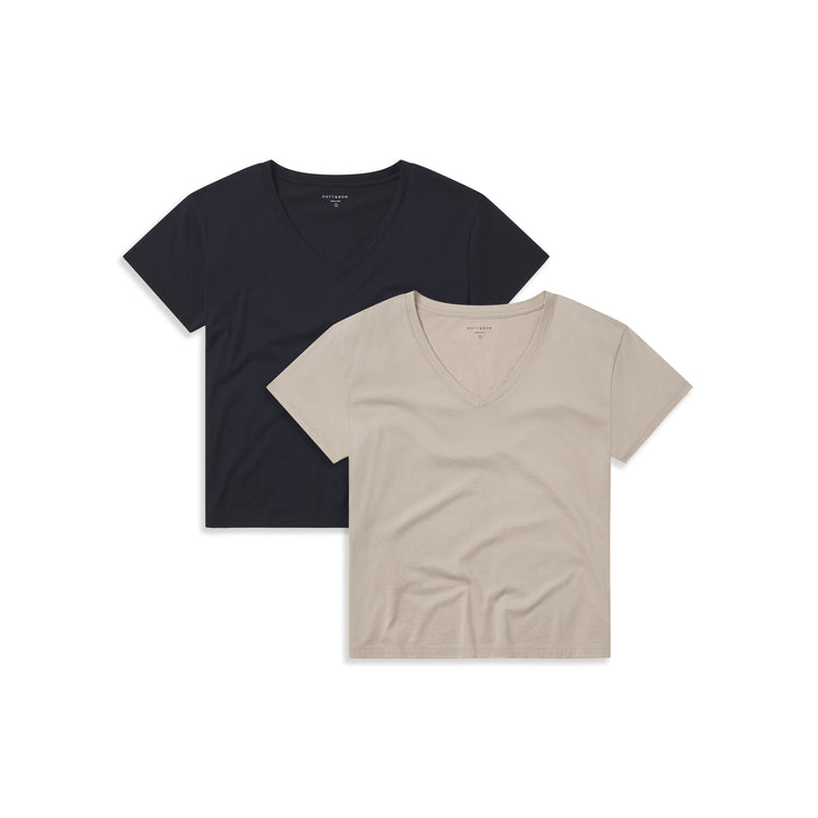 Women wearing Oat/Navy Cotton Relaxed V-Neck Tee 2-Pack