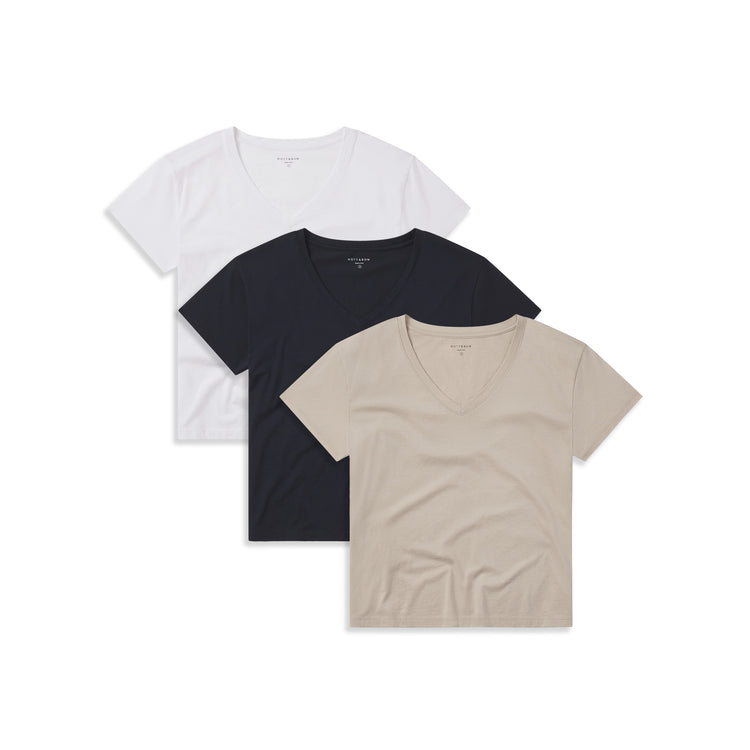 Women wearing White/Oat/Navy Cotton Relaxed V-Neck Tee 3-Pack