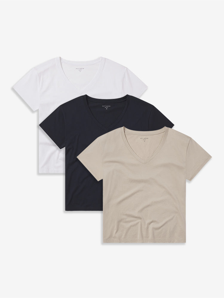 Women wearing White/Oat/Navy Cotton Relaxed V-Neck Tee 3-Pack