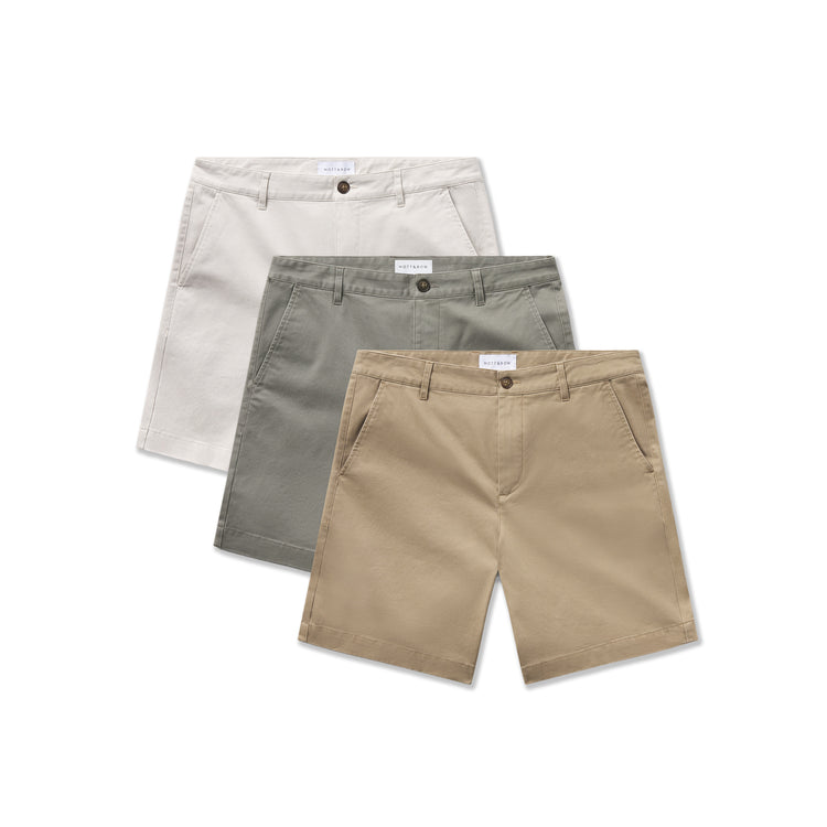 Men wearing Khaki/Light Sage/Sand Stretch Chino Short 3-Pack