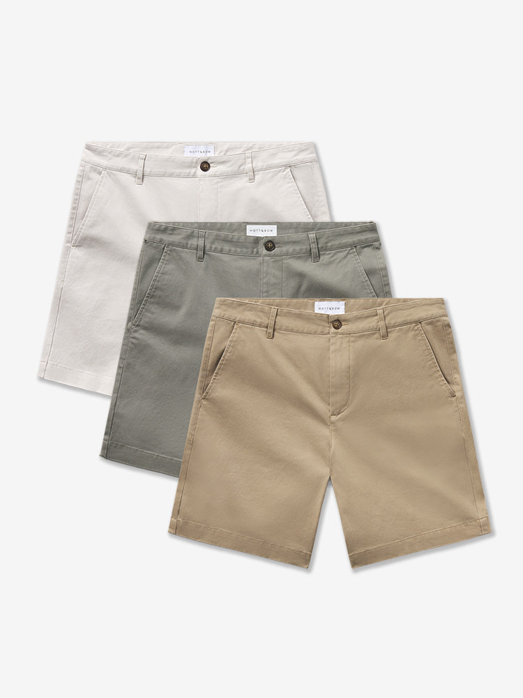 Men wearing Khaki/Light Sage/Sand Stretch Chino Short 3-Pack