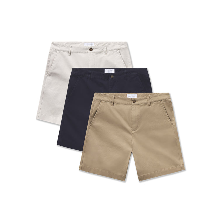 Men wearing Khaki/Sand/Navy Stretch Chino Short 3-Pack