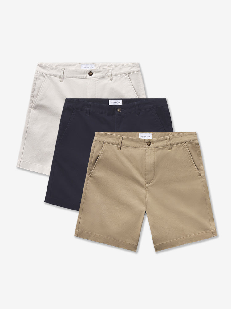 Men wearing Khaki/Sand/Navy Stretch Chino Short 3-Pack