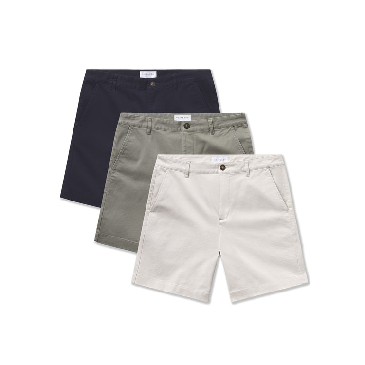 Men wearing Navy/Light Sage/Sand Stretch Chino Short 3-Pack