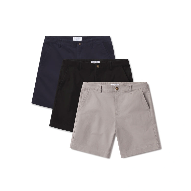 Men wearing Silver/Navy/Black Stretch Chino Short 3-Pack