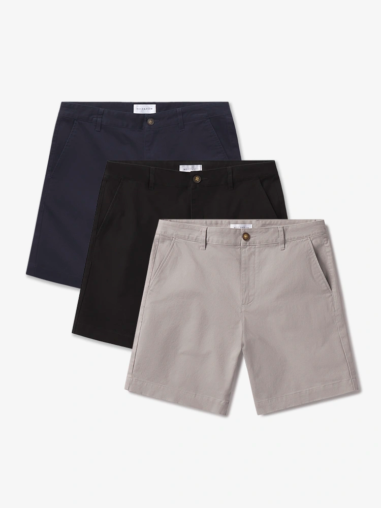 Men wearing Silver/Navy/Black Stretch Chino Short 3-Pack