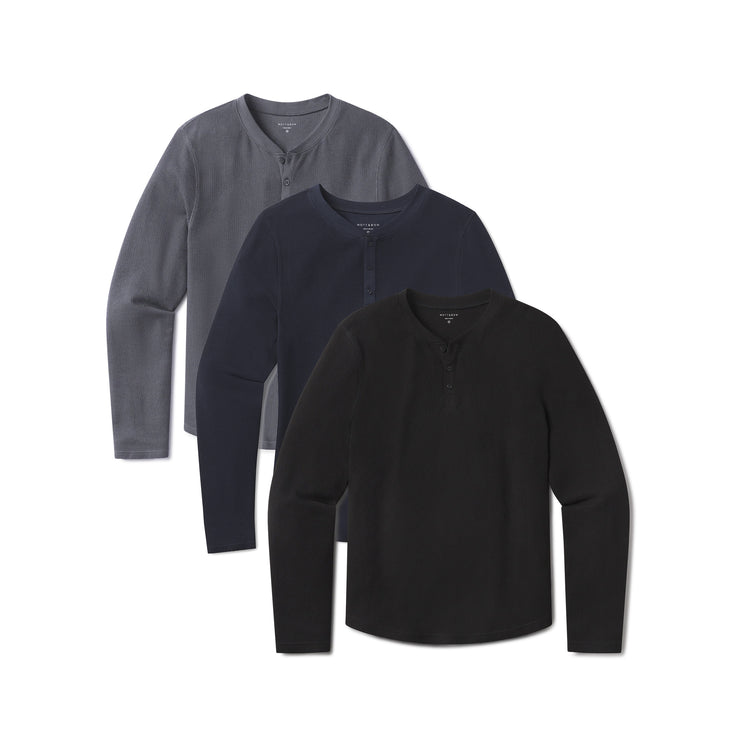 Men wearing Black/Blue Ink/Navy Cotton Waffle Curved Hem Henley 3-Pack