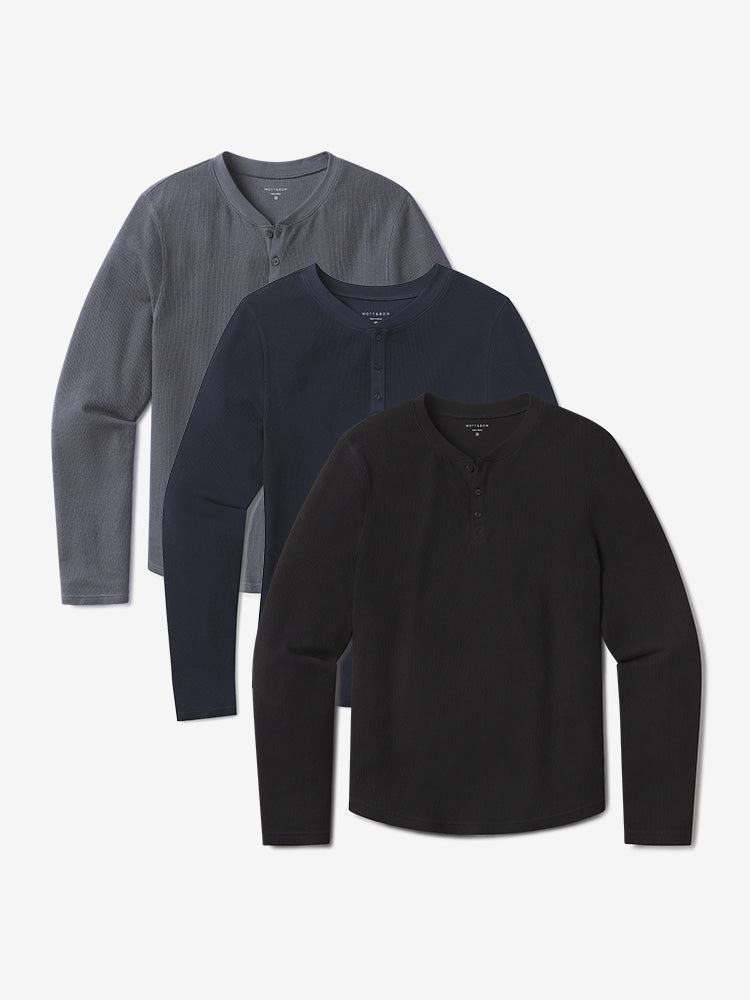 Men wearing Black/Blue Ink/Navy Cotton Waffle Curved Hem Henley 3-Pack