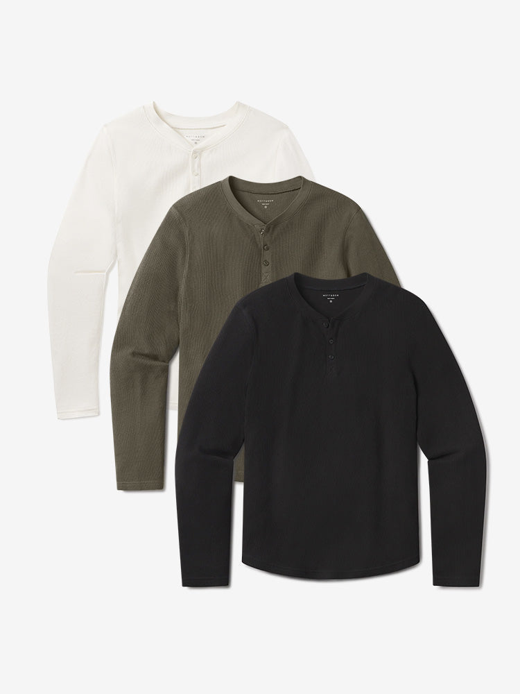 Men wearing Black/Bone/Dark Moss Cotton Waffle Curved Hem Henley 3-Pack