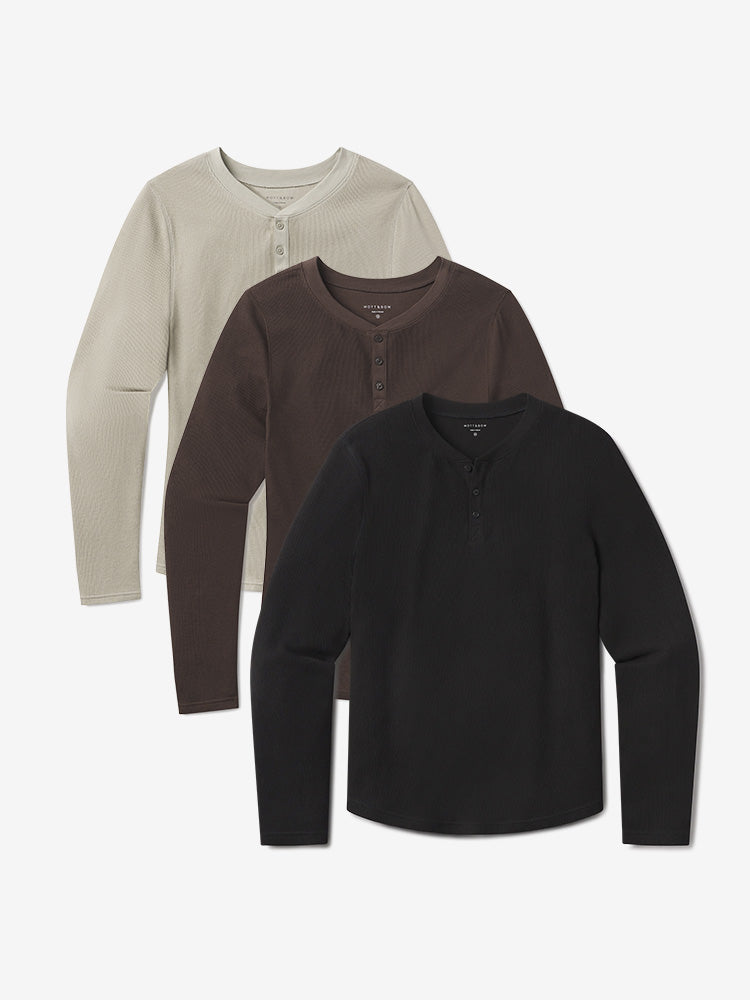 Men wearing Black/Taupe/Cocoa Cotton Waffle Curved Hem Henley 3-Pack