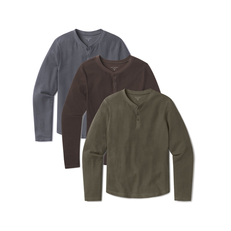 Men wearing Blue Ink/Cocoa/Dark Moss Cotton Waffle Curved Hem Henley 3-Pack