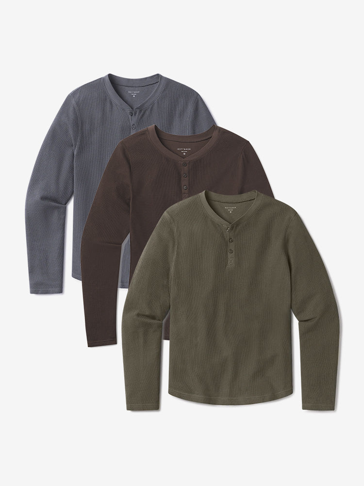 Men wearing Blue Ink/Cocoa/Dark Moss Cotton Waffle Curved Hem Henley 3-Pack