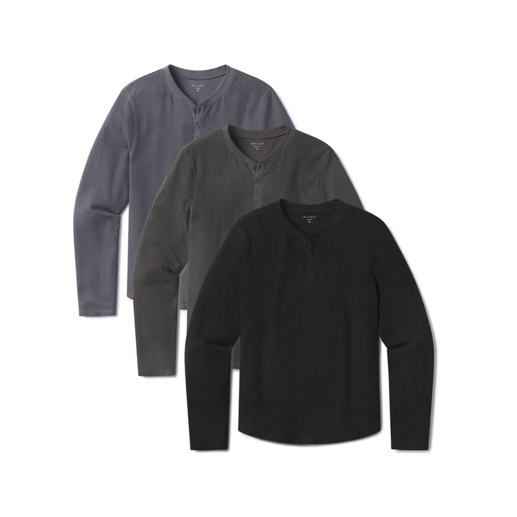 Men wearing Blue Ink/Dark Gray/Black Cotton Waffle Curved Hem Henley 3-Pack