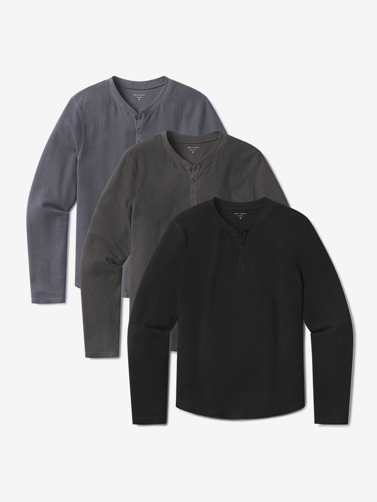 Men wearing Blue Ink/Dark Gray/Black Cotton Waffle Curved Hem Henley 3-Pack