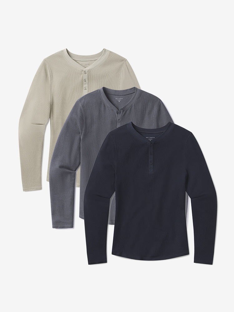 Men wearing Blue Ink/Navy/Taupe Cotton Waffle Curved Hem Henley 3-Pack