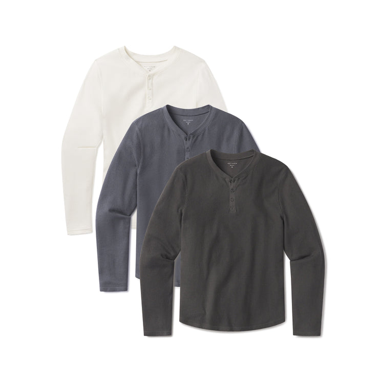 Men wearing Dark Gray/Blue Ink/Bone Cotton Waffle Curved Hem Henley 3-Pack