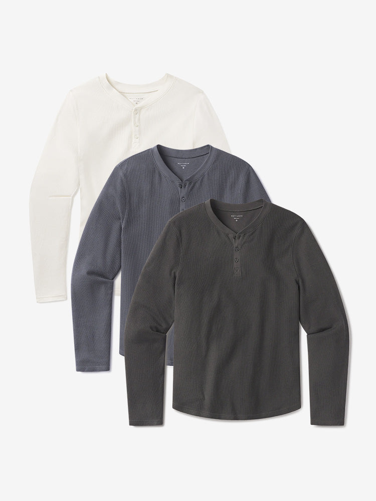 Men wearing Dark Gray/Blue Ink/Bone Cotton Waffle Curved Hem Henley 3-Pack
