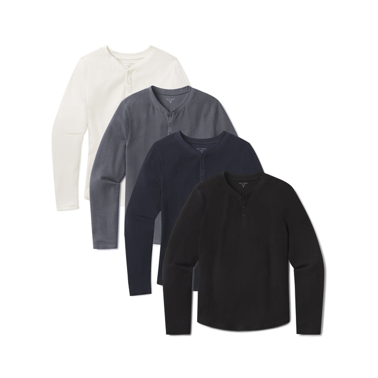 Men wearing Black/Blue Ink/Navy/Bone Cotton Waffle Curved Hem Henley 4-Pack