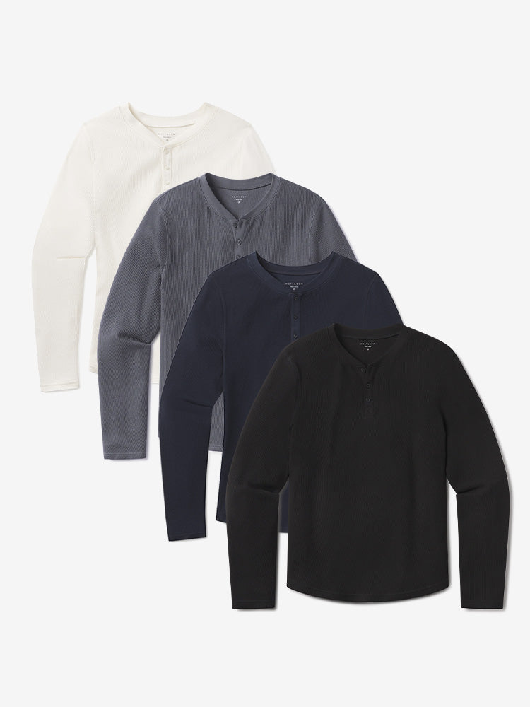 Men wearing Black/Blue Ink/Navy/Bone Cotton Waffle Curved Hem Henley 4-Pack