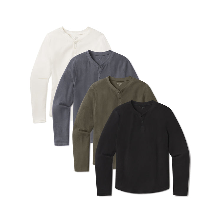 Men wearing Black/Bone/Dark Moss/Blue Ink Cotton Waffle Curved Hem Henley 4-Pack