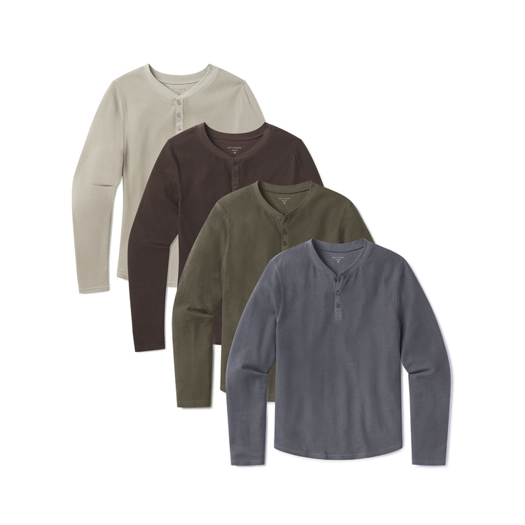 Men wearing Blue Ink/Cocoa/Dark Moss/Taupe Cotton Waffle Curved Hem Henley 4-Pack
