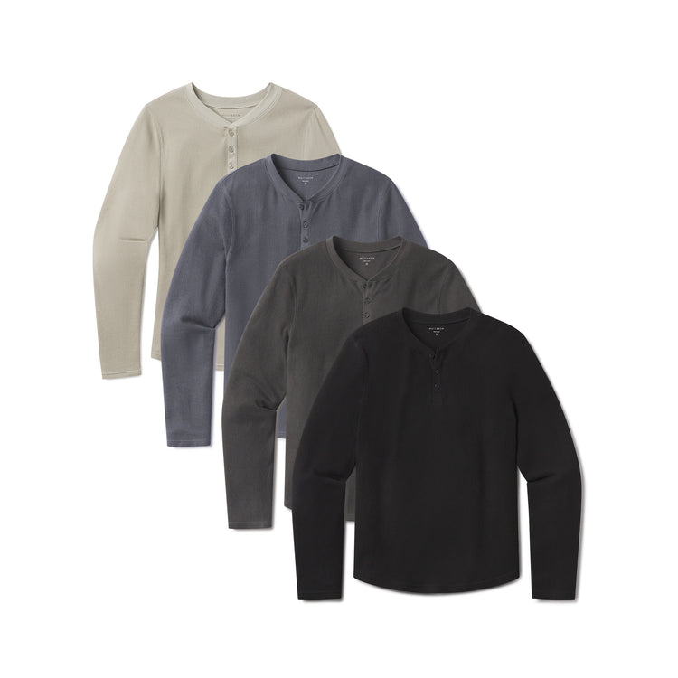 Men wearing Blue Ink/Dark Gray/Black/Taupe Cotton Waffle Curved Hem Henley 4-Pack