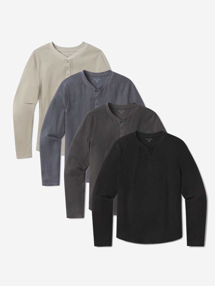 Men wearing Blue Ink/Dark Gray/Black/Taupe Cotton Waffle Curved Hem Henley 4-Pack