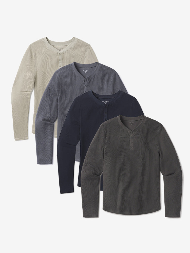 Men wearing Blue Ink/Navy/Taupe/Dark Gray Cotton Waffle Curved Hem Henley 4-Pack