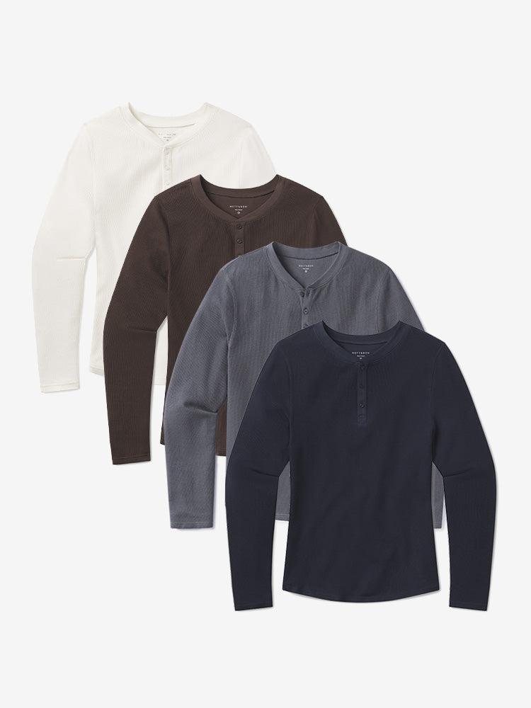 Men wearing Dark Gray/Blue Ink/Bone/Cocoa Cotton Waffle Curved Hem Henley 4-Pack